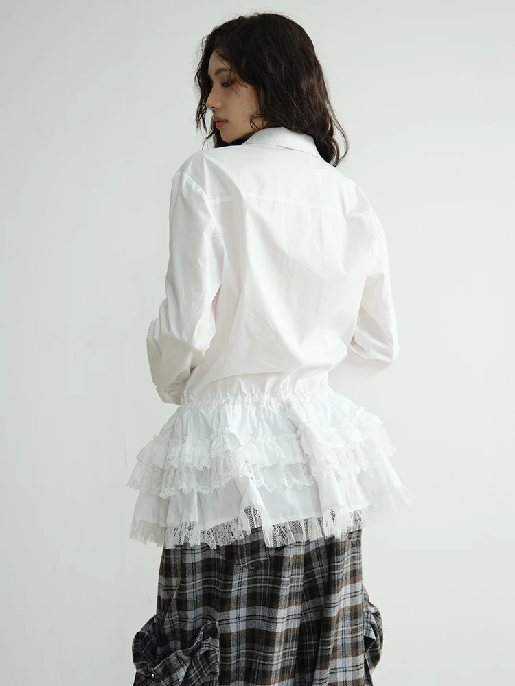 [Vibe] Women White Lace Ruffles Big Size Elegant Blouse New Lapel Long Sleeve Shirt Fashion Tide Spring Autumn 2025