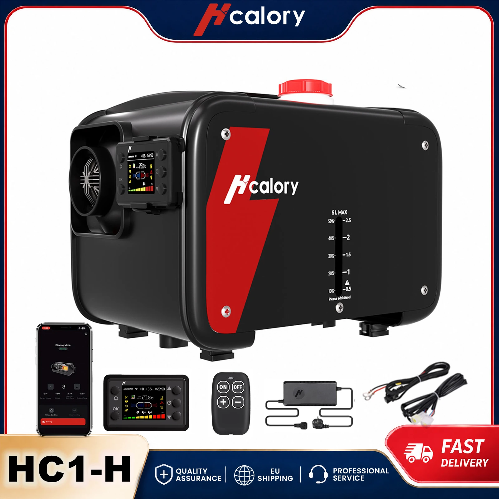 Chauffage de stationnement diesel tout-en-un Hcalory HC1-H 8KW 12V, câble rallonge 1,5 m inclus. Portable, démarrage/arrêt auto, pour voitures, camions, camping-cars, bateaux, usage intérieur et extérieu