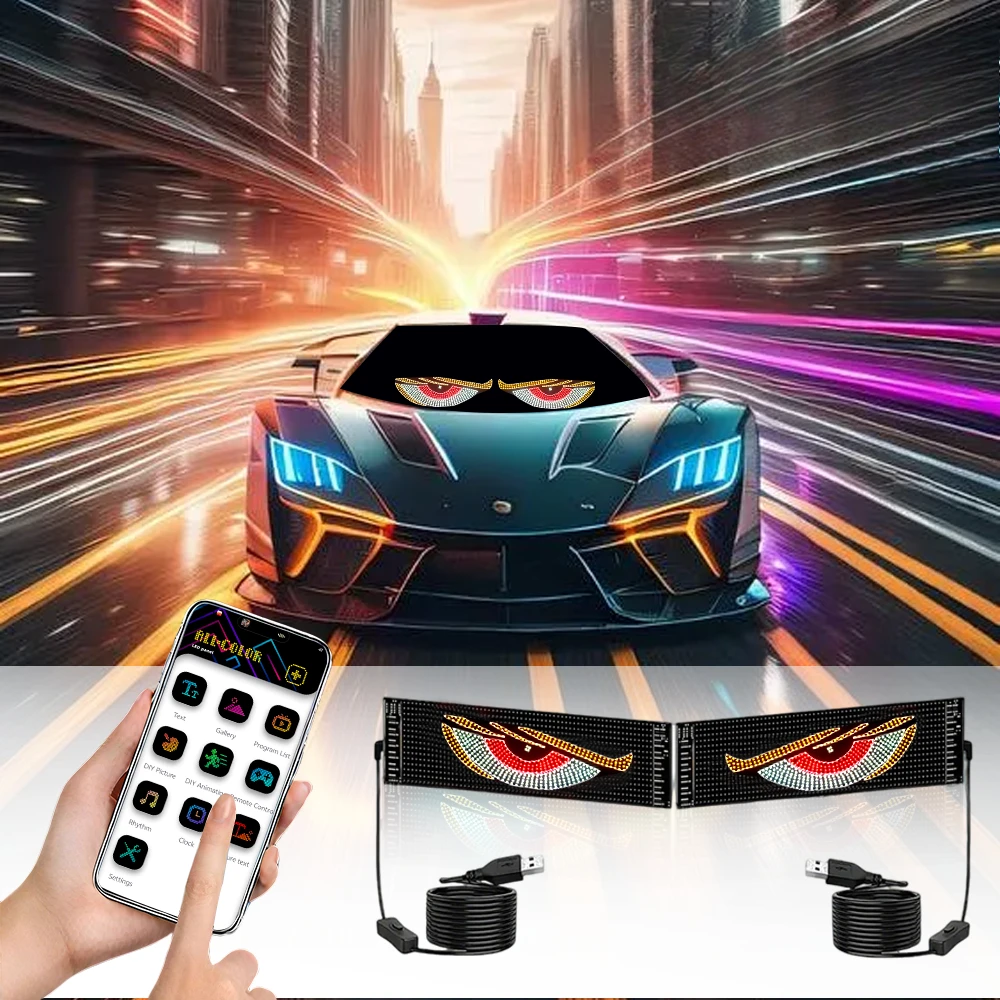 عيون الشيطان LED للزجاج الأمامي للسيارة الذكية عن بعد والتحكم في التطبيق DIY نمط النص الرسوم المتحركة شاشة مرنة شاشة ذكية ديناميكية