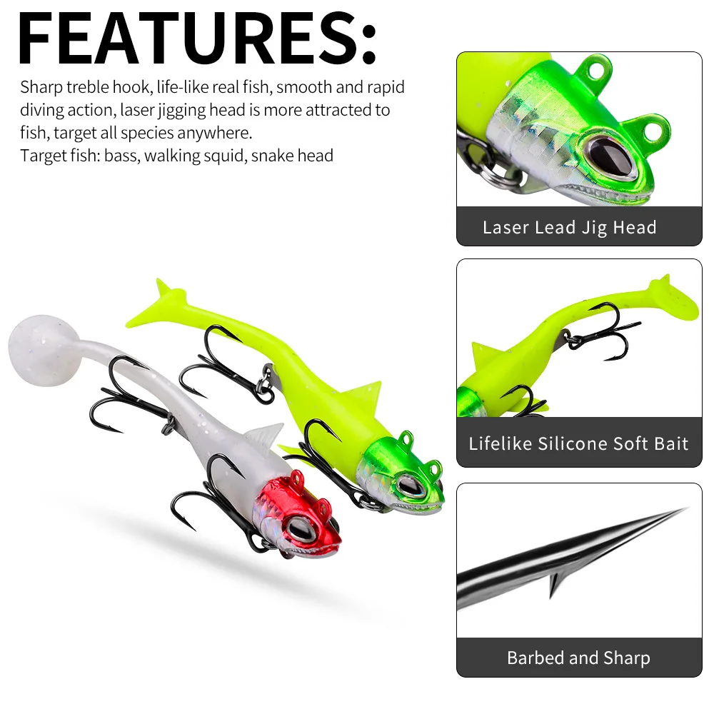 

Soft Lure With Jig Head, Red Head T-tail Fish Bait With Double Treble Hooks Freshwater Bass Snapper Fishing Tackle 10pc Package