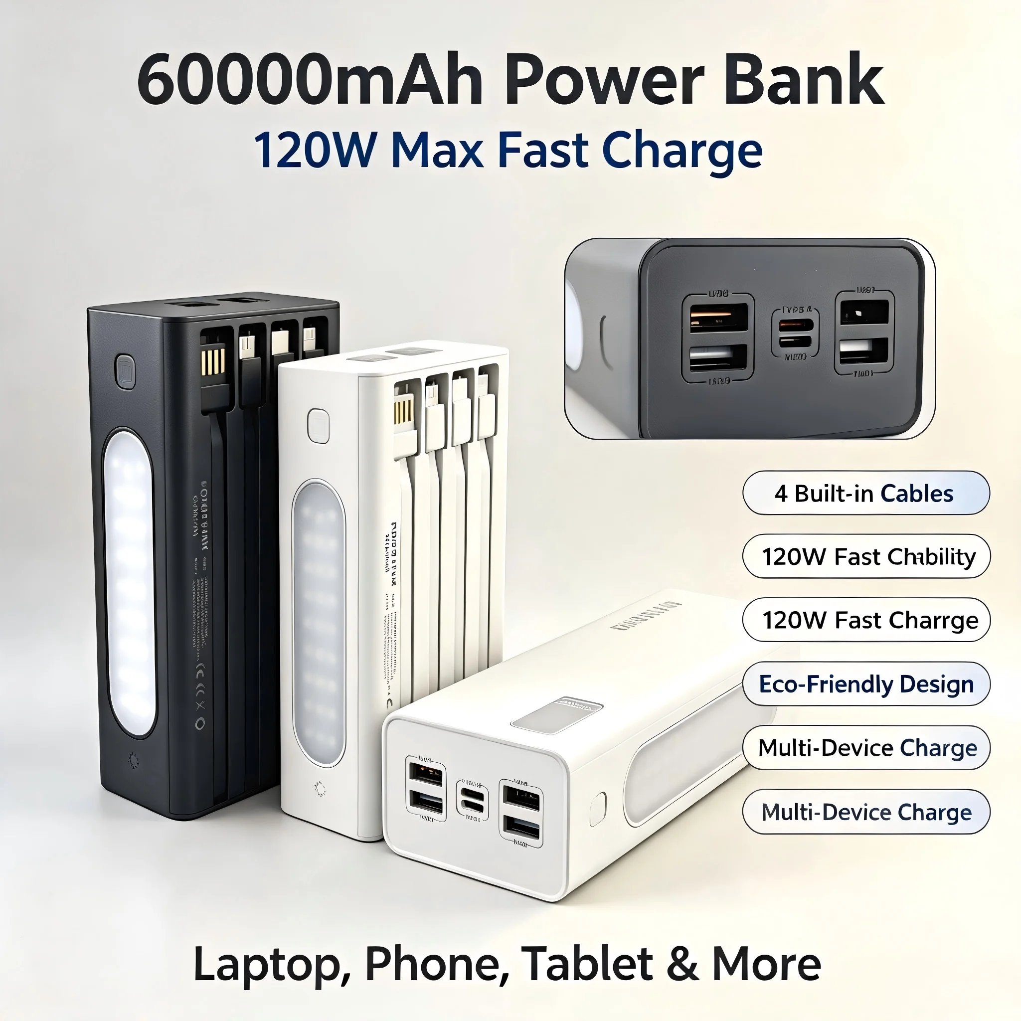 60000mAh Power Bank 120W Fast Charging Portable Charger Built-in Cable External Battery Pack PD USB C LED Display Powerbank