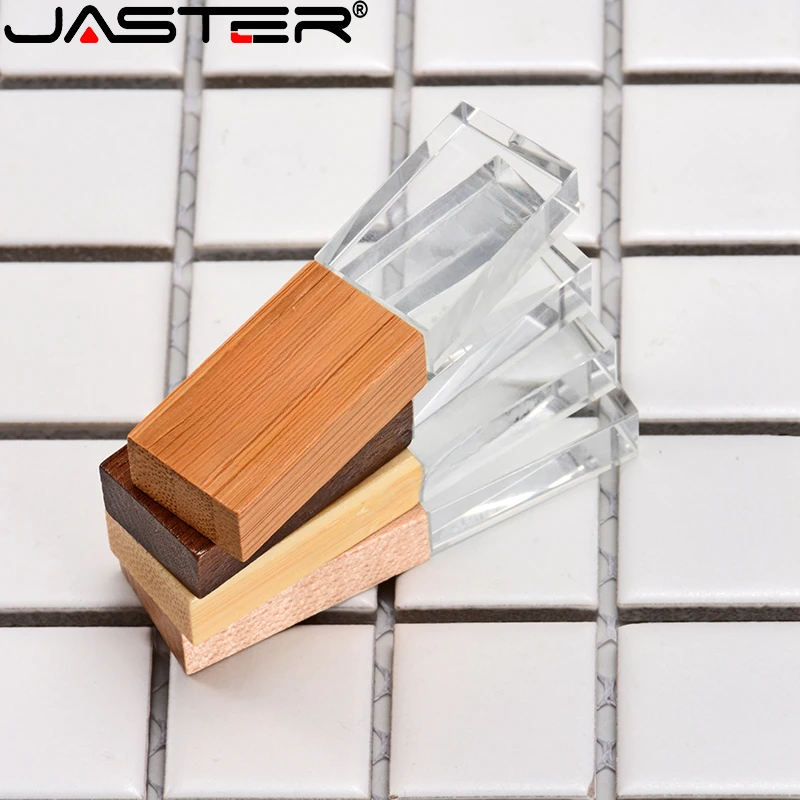 JASTER Crystal Wood USB Flash Drive 128 GB Pen Drive Wooden Box U Disk Memory Stick Pendrive 64GB Wedding Gift Thumb Drives 32GB