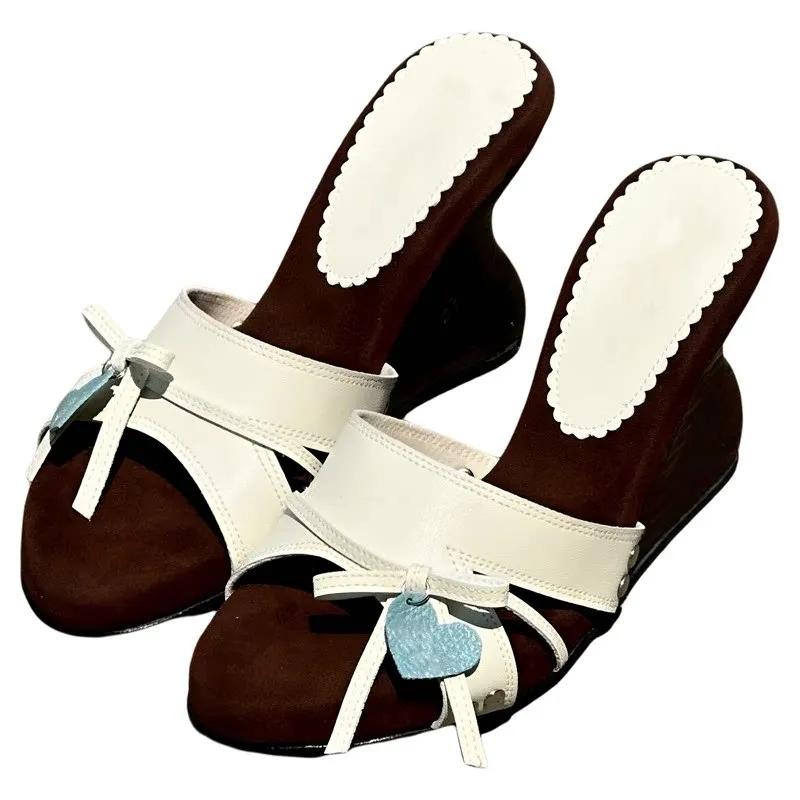 Sweet Bowknot New Women's Wedge Heel Sandals Heart Decor Open Toe Mules Shoes Summer Casual Outdoor Slip On Thick Heel Slipper