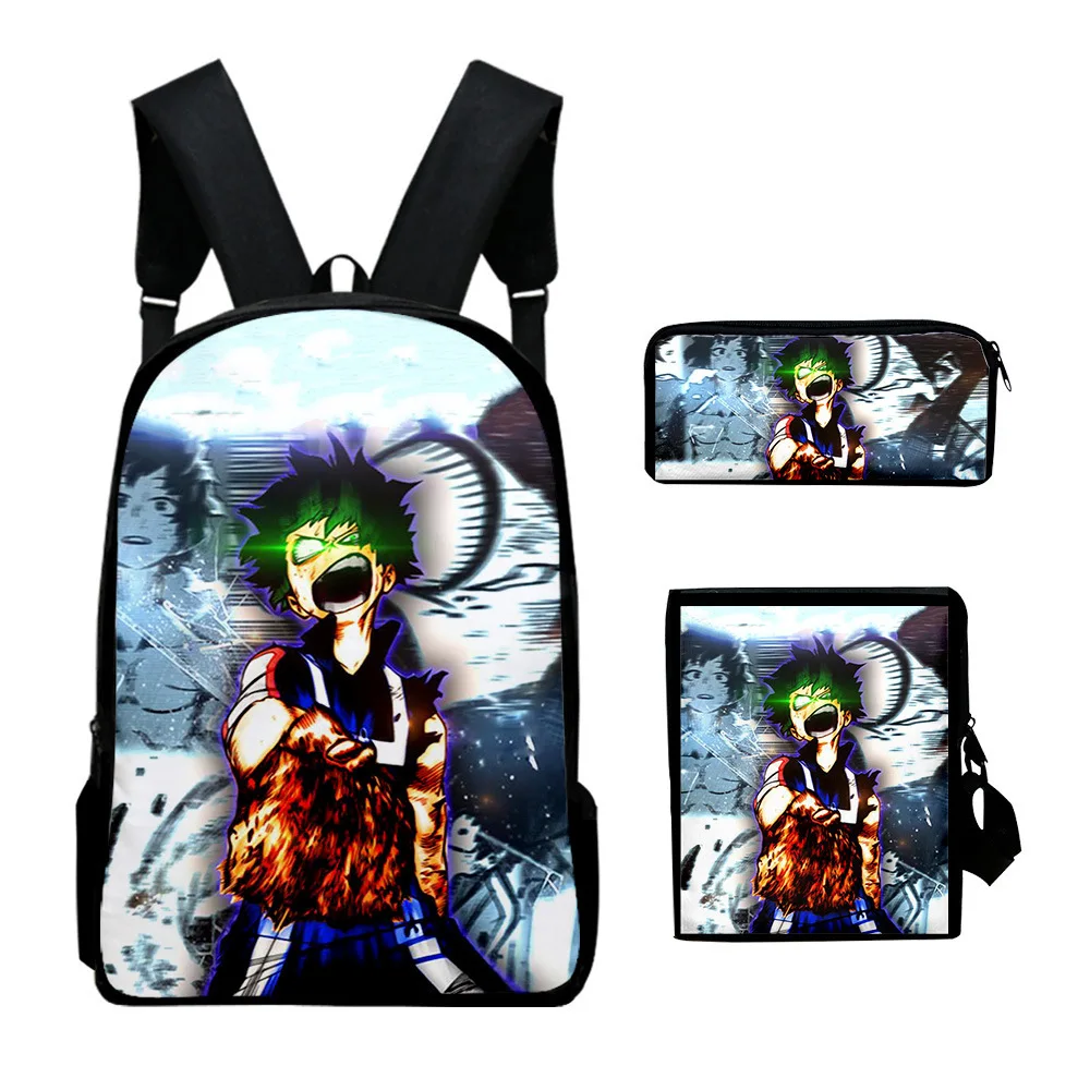 Mochila escolar con estampado 3D de My Hero Academia para ordenador portátil, bolso de hombro inclinado, estuche para lápices, moda clásica, Juego de 3 unidades