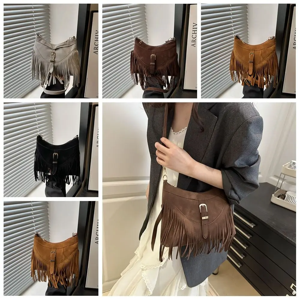 

Cute Korean Style Tassel Shoulder Bag Solid Color Buckle Suede Handbag Large Capacity Zipper Underarm Packs Travel