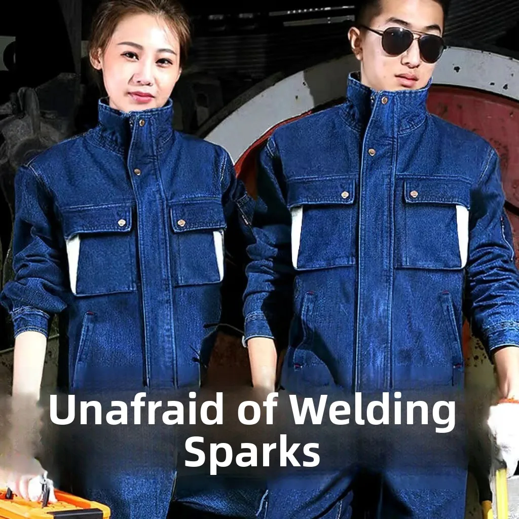 

Thiened Pure Cotton Workwear Suit for Ws with Stand Collar Multi-ket Anti-Scald Resistant Wear-Resistant Denim Labo...