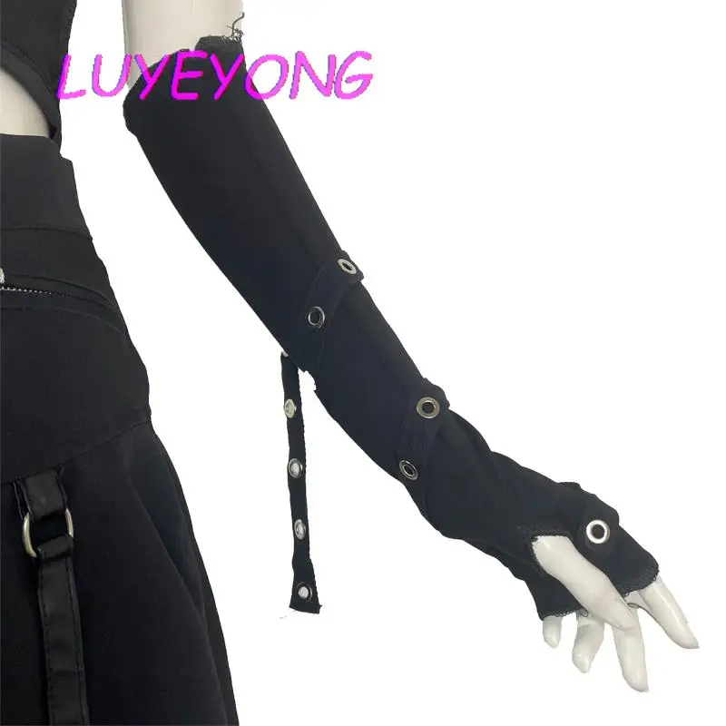 Women Gothic Elbow Length Glove Japanese Harajuku Unisex Punk Gloves  2023 Lady Men Fingerless Winding Eyelet Strap Mittens