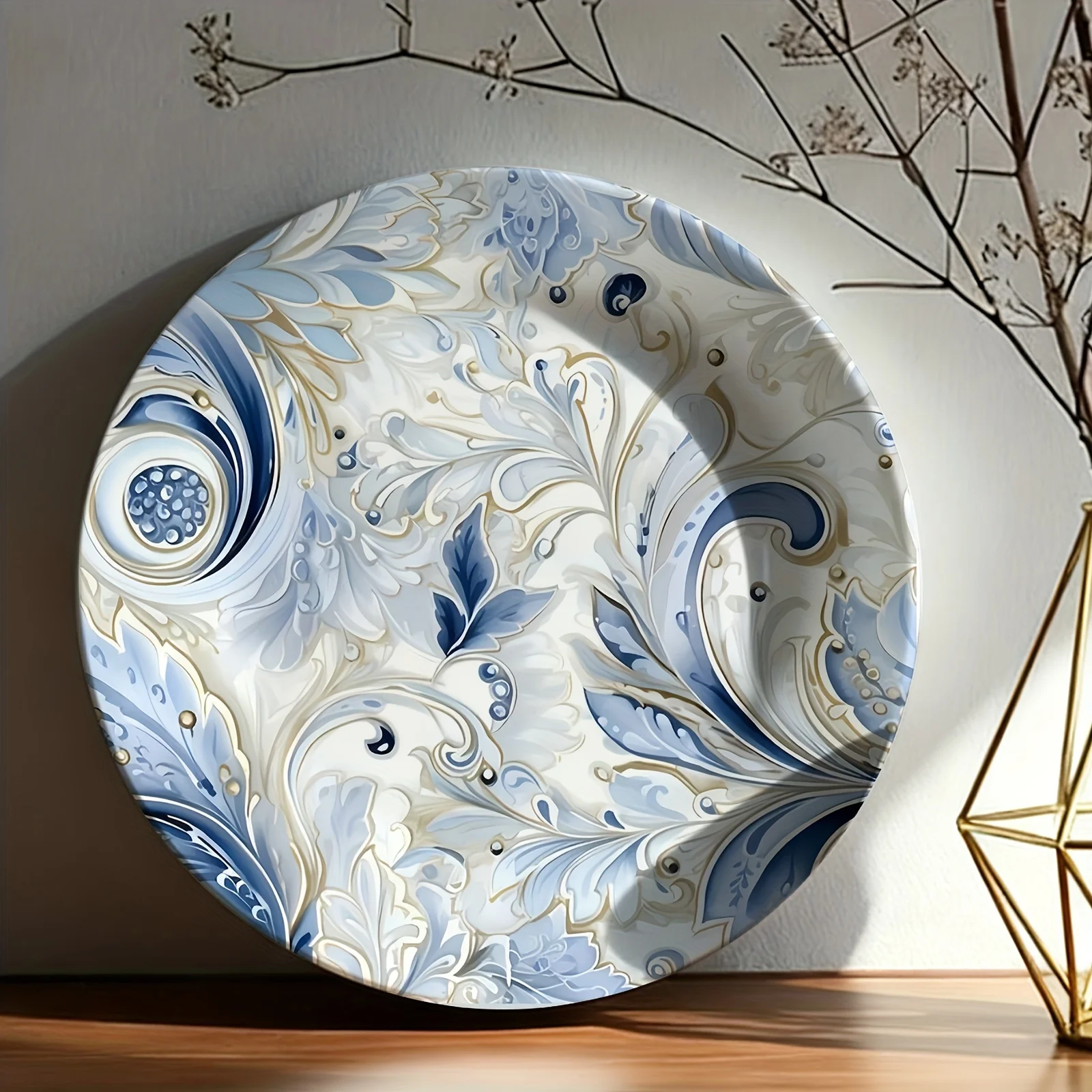 Single Decorative Plate with Blue and Golden Patterns, Exquisite and Gorgeous, Non-Food Contact Ceramic Wall Art, Suitable for