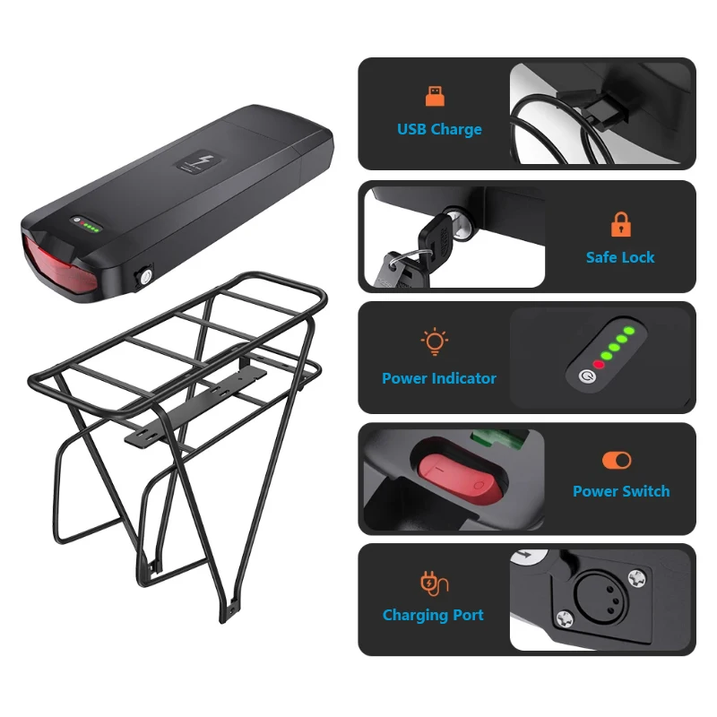 52V 48V 36V E-bike Luggage Rack Battery 15ah 17.5ah 20ah 22.5ah Lithium Battery with Luggage Carrier For Bafang MUXS Motor