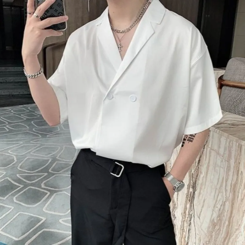 

Men's Summer Suit Collar Short Sleeve Shirt Korean Trend Solid Color High Grade Drape Top Lightweight Thin Fabric Set