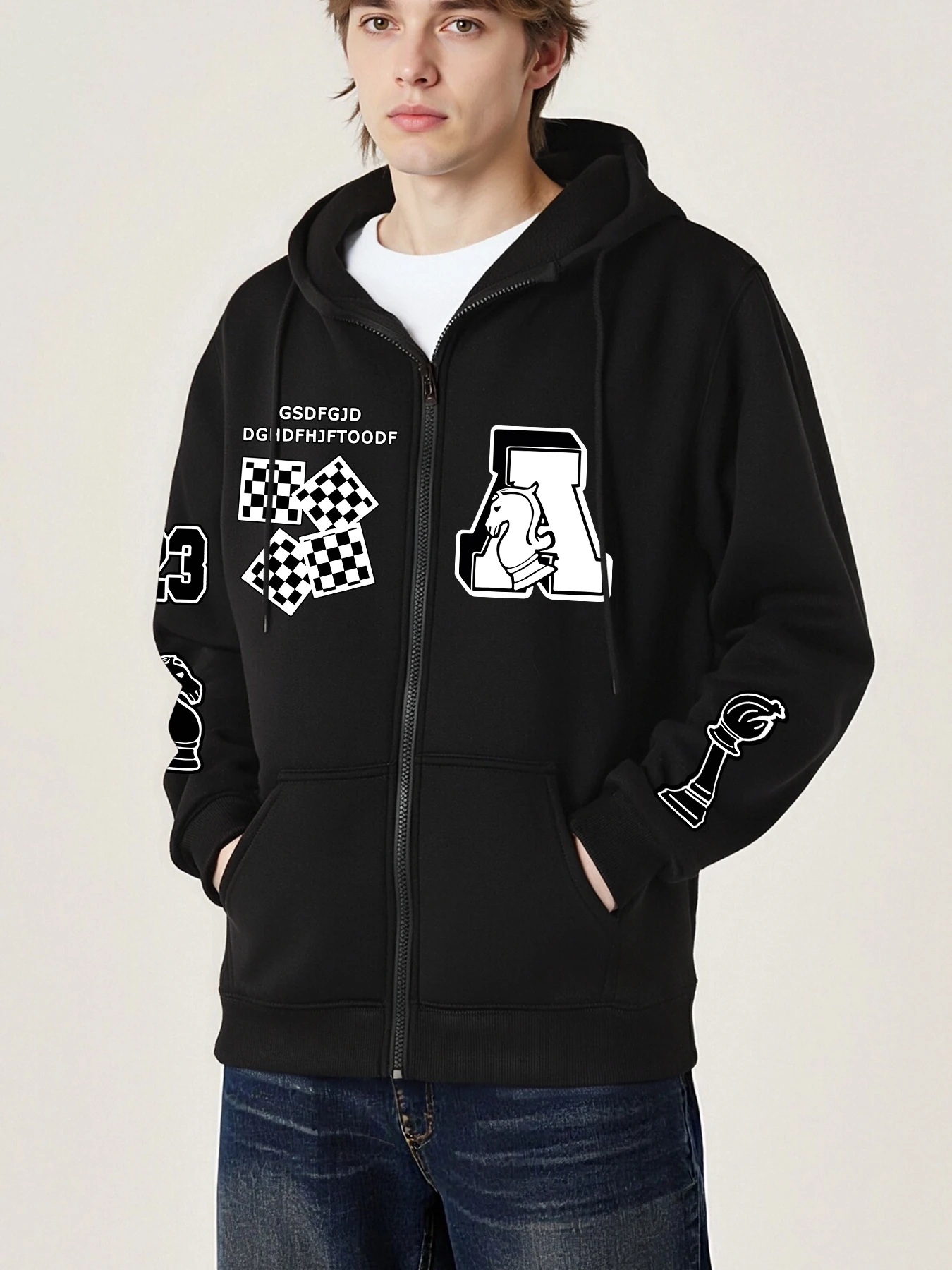 

Chess And Number 23 Pattern Male Zipper Jacket Fashion Fleece Hoodies Sport Casual All-Match Clothing Unisex Loose Retro Tops