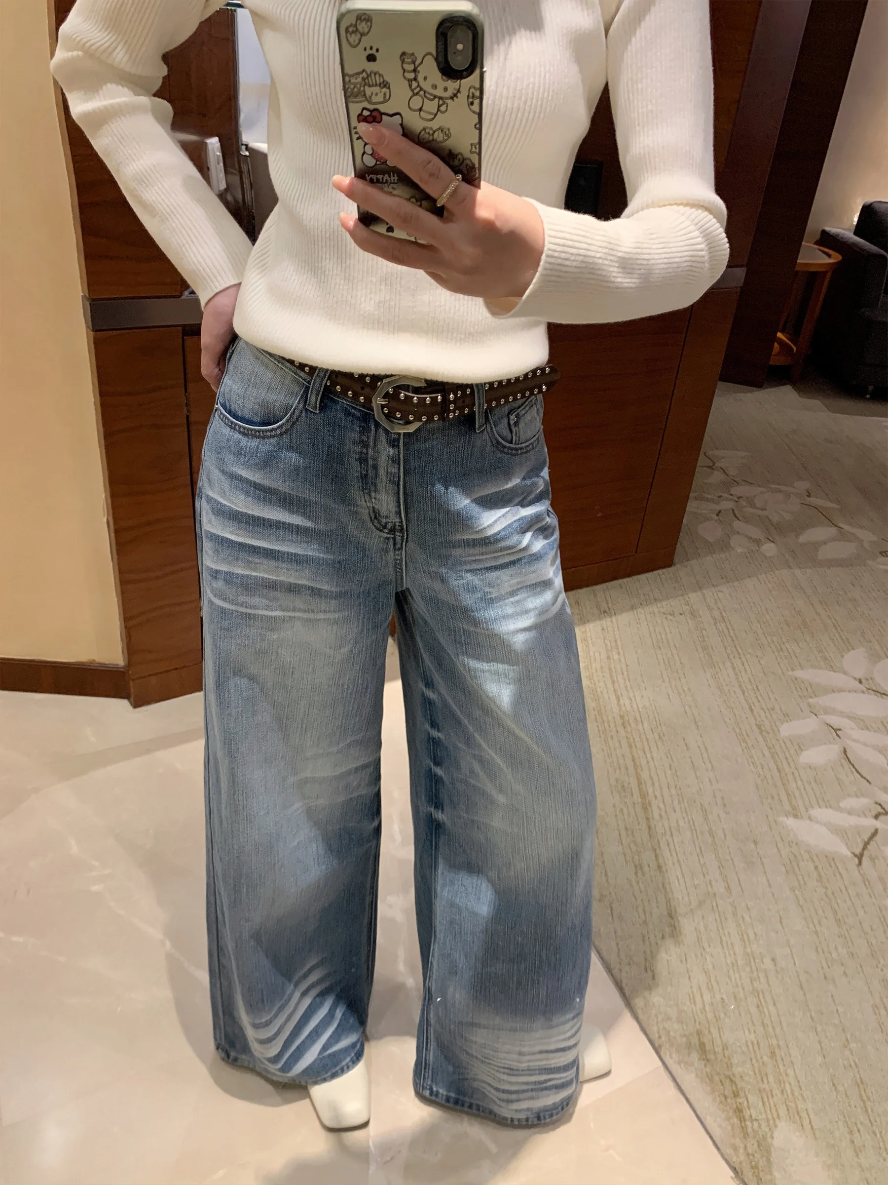 

Sam Seoi American Sle High Waist Wide Leg Jeans Women's Loose Fit Floor Length Casual Blue Denim Pants