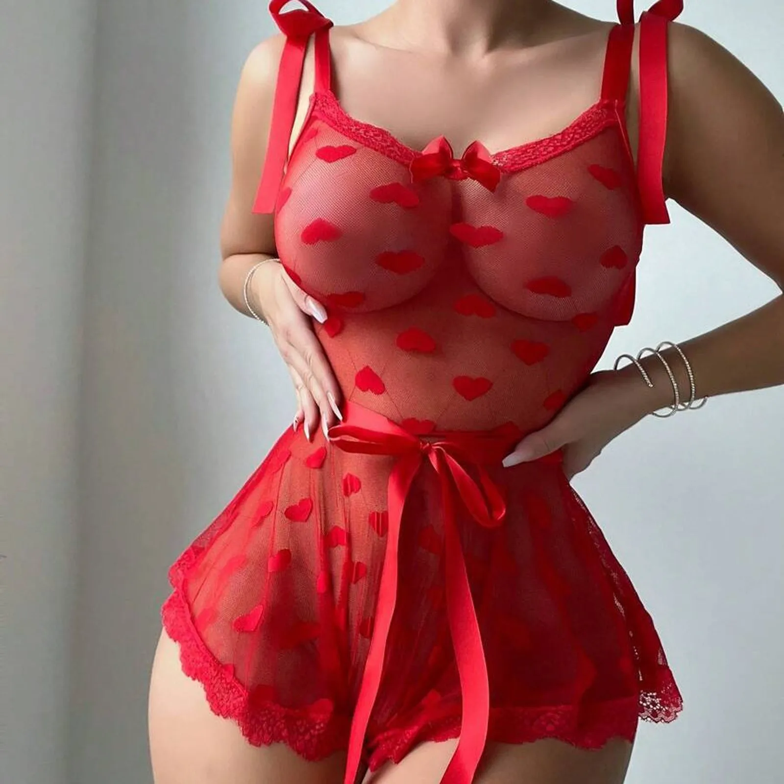 

Women's Transparent Mesh Nightdress Valentine's Day Love Heart Print Floral Ruched Lingeries Suspender Low Cut Erotic Underwear