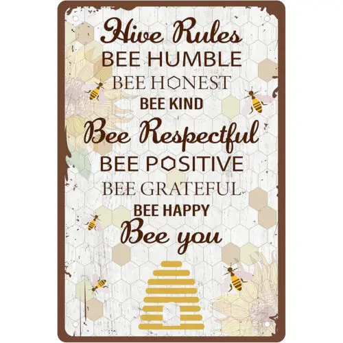 Panneau en métal vintage « Règles de la ruche » : Abeille Humble, Abeille Honête, Abeille Gentille – Panneau inspirant