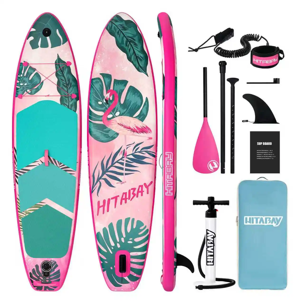 HITABAY Aufblasbares Stand-Up-Paddleboard 320x81x15cm SUP-Board Rosa Flamingo Surfbrett für Erwachsene Jugendliche Anfänger mit verstellbarem Paddel, abnehmbarer Finne, Leash, Handpumpe, Rucksack,