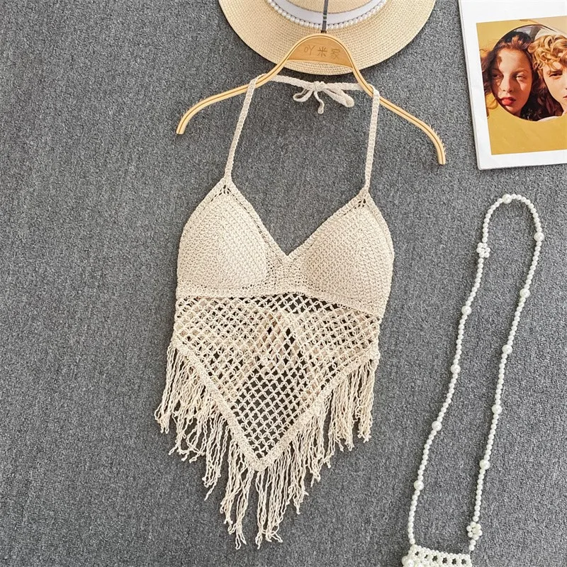 Moederschap Kwastje Boho Knit Vakantie Hemdje Beha Haak Gebreide Tank Top Sexy Backless Mouwloze Tops Moederschap Fotografie