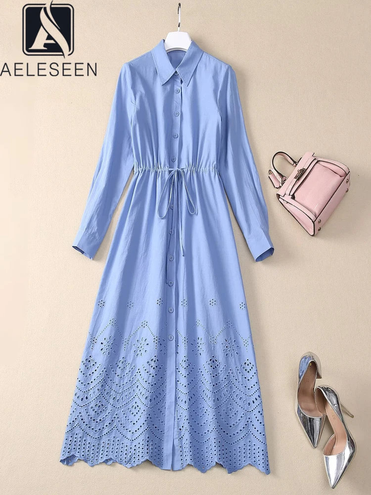 

AELESEEN High Quality Elegant Long Shirt Dress Women Autumn Full Sleeve Turn-down Collar Waiist Adjust Hollow Out Solid Party