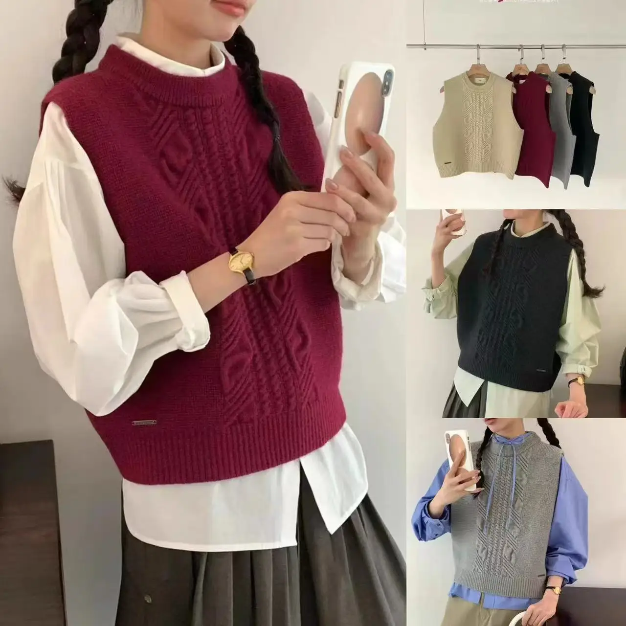 

Осень 2023 г., новинка Sle Egg2025, вязаный однотонный жилет, круглый многослойный топ без рукавов, модный универсальный ретро-комплект