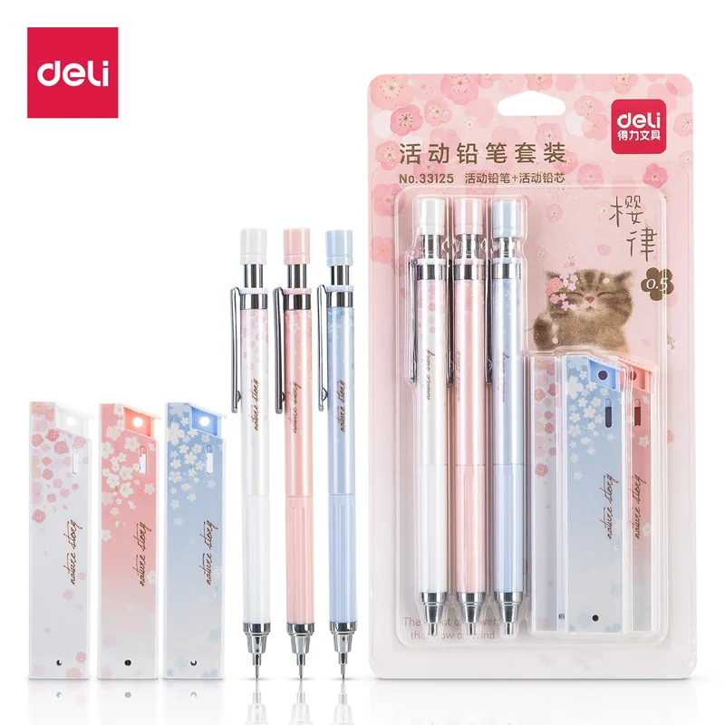 

6Pcs/Set Deli 33125 Kawaii Cherry Blossom Automatic Movable Pencil Set HB 0.5mm School Office Stationery Gift