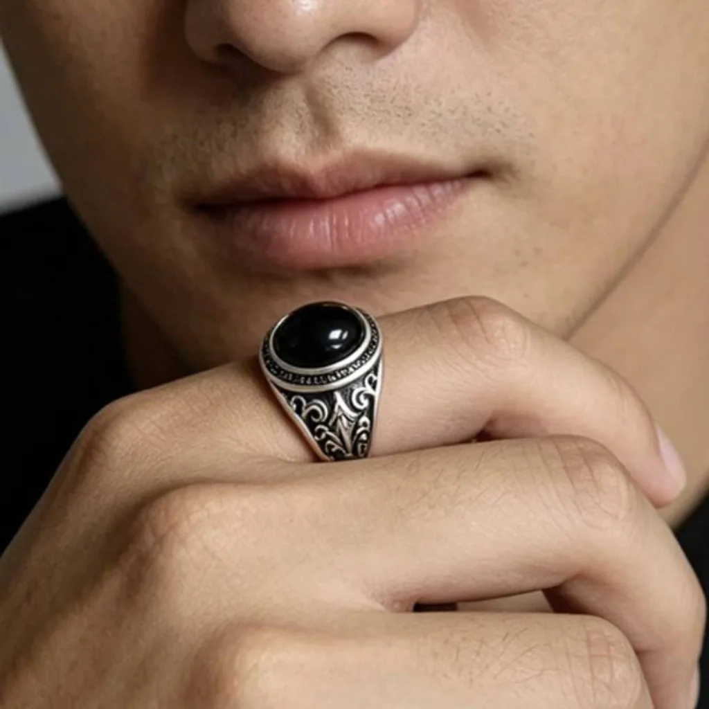 Vintage Faux-Onyx-Ringe für Herren, Edelstahl, verstellbarer offener Ring, silberfarben, modischer Punk-Schmuck, Geschenk – Detail 10