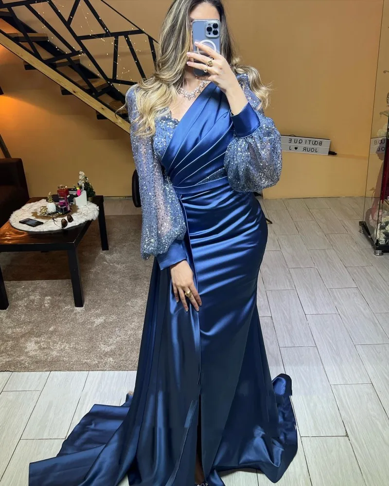 Marineblauw Glitter Avondjurk Voor Wedding Party V-hals Lange Puffy Mouwen Mermaid Satin Arabisch Celebrity Prom Gown