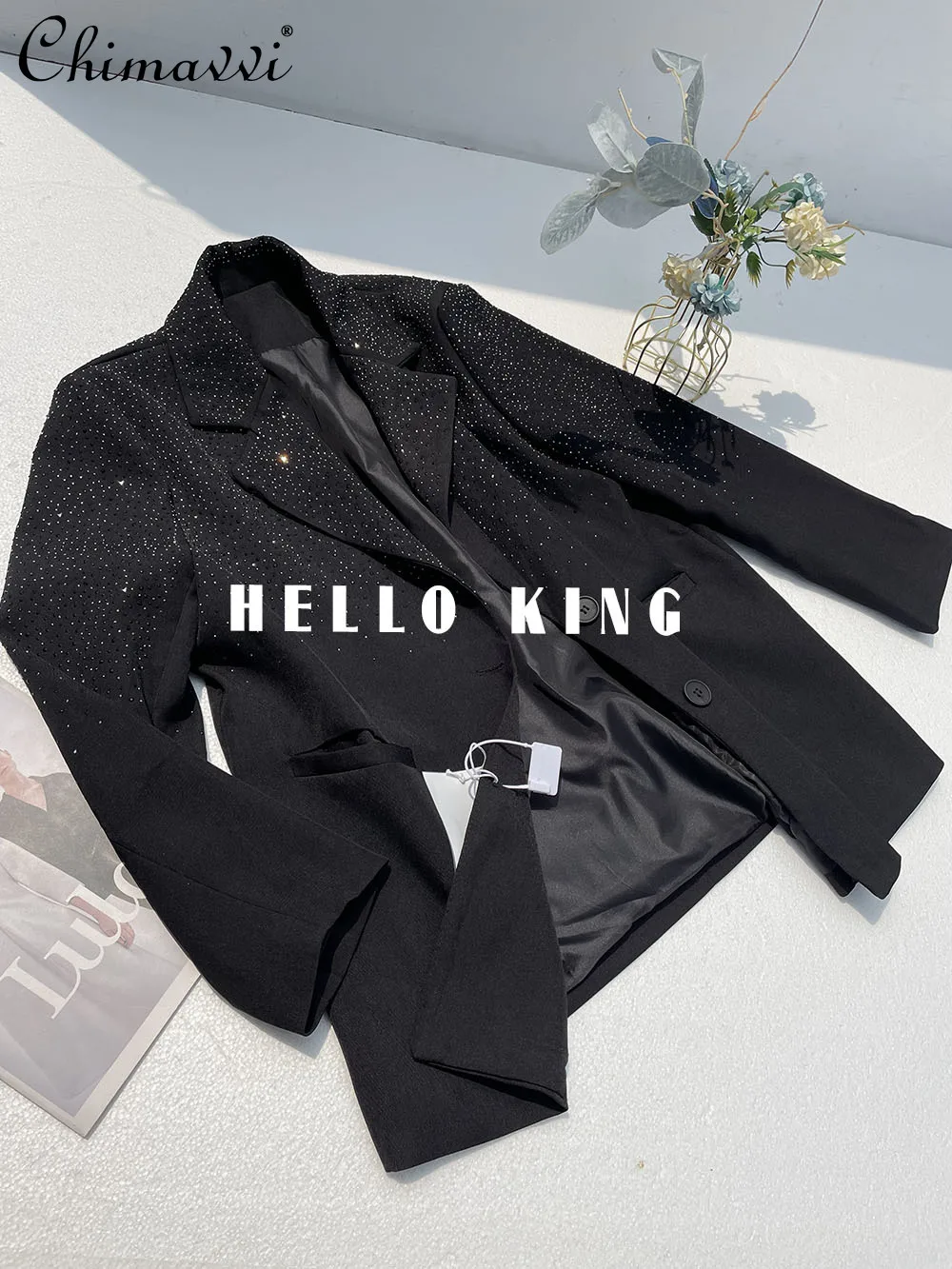 

2024 Autumn New Fashion Retro Rhinestone Suit Jacket Women's Light Luxury Loose Elegant Versatile Long Sleeve Black Blazers