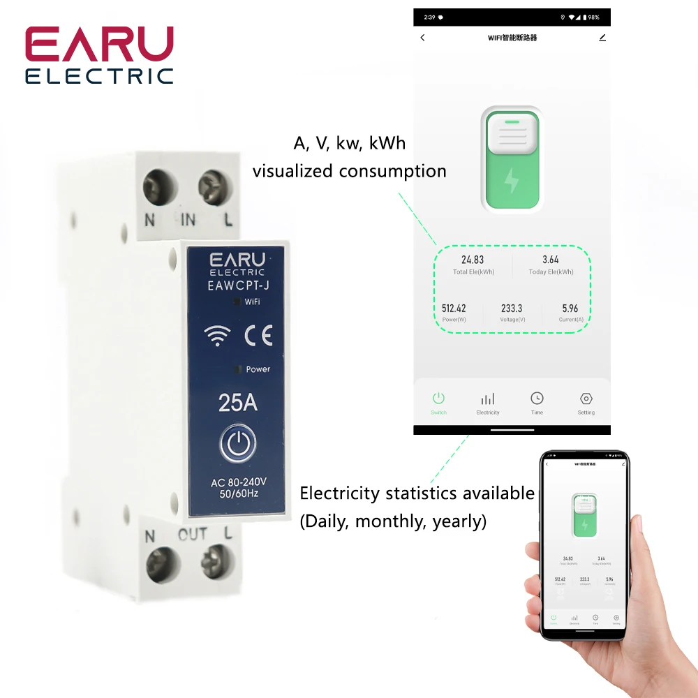 1P 1P+N WiFi Smart Circuit Breaker Voltage Energy Power kWh Meter Time Relay Switch Voice Remote Control by Tuya Smart Life App