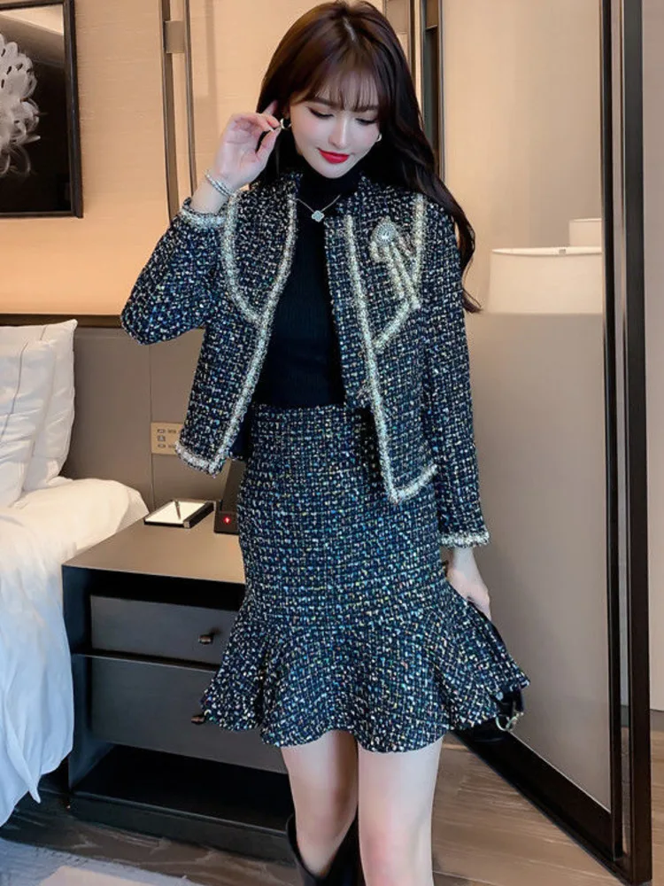 New 2024 High Quality Women Autumn Winter 2 Piece Sets Lady Fashion Elegant Slim Woolen Coat Skirt Two-piece Suit Tweed Sets