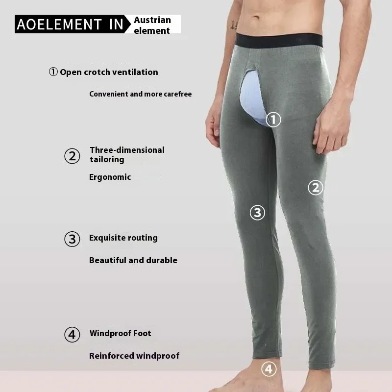 Pantalones térmicos con entrepierna abierta para hombre, mallas largas para personas mayores de mediana edad, pantalones ajustados de otoño e invierno, pantalones roscados, pantalones de algodón