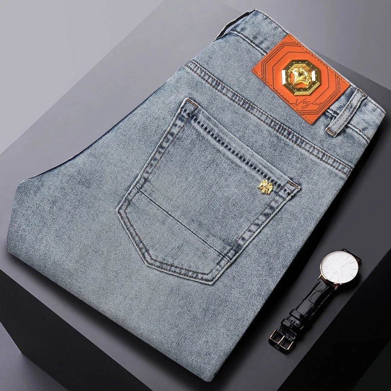 Pantalones vaqueros ajustados Retro para hombre, Jeans elásticos de verano, informales de negocios que combinan con todo, color azul claro, novedad de 2024