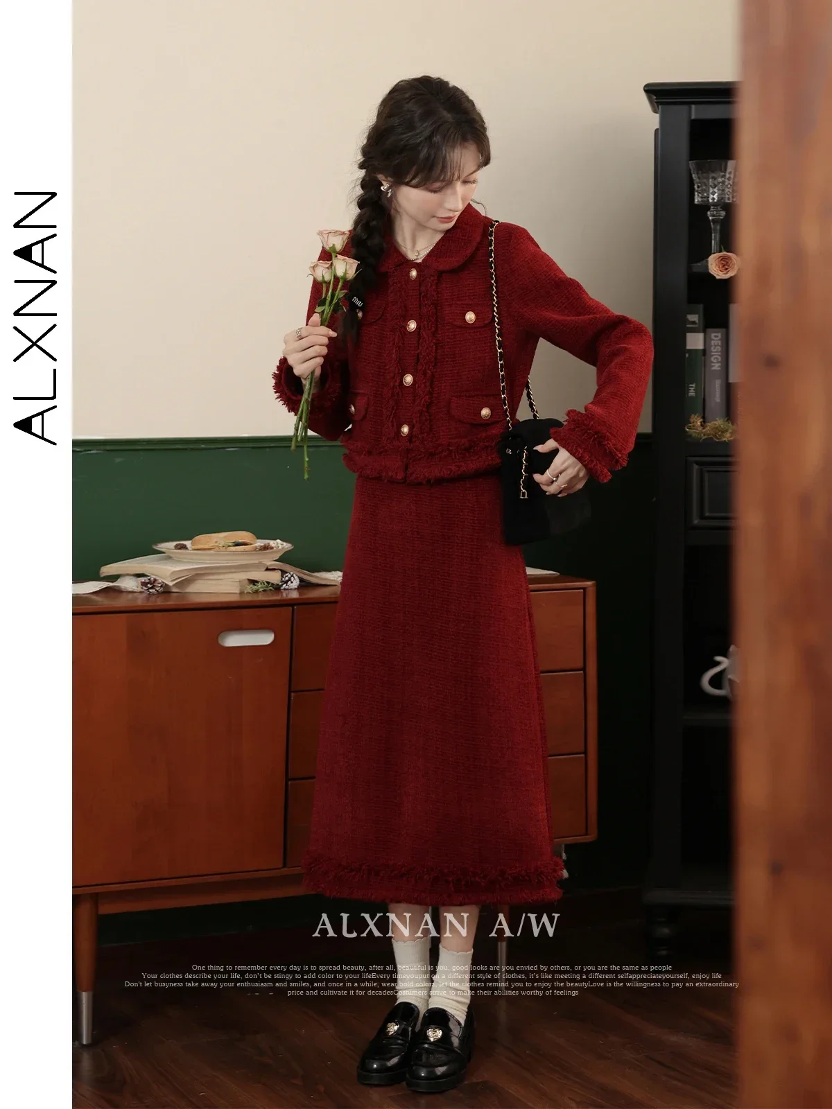 ALXNAN สีแดง A-Line กระโปรงผู้หญิง 2024 ฤดูใบไม้ร่วงฤดูหนาว Elegant Simple COMMUTER ผู้หญิง Midi กระโปรงแยกจําหน่าย LXN32767BQ