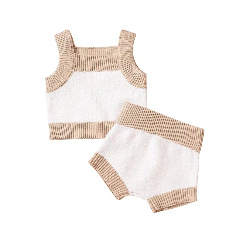 Infant Newborn Baby Girls Clothes Suits Contrast Color Sleeveless Knitted Sling Tank Tops Elastic Waist Shorts 2Pcs Set 0-24M