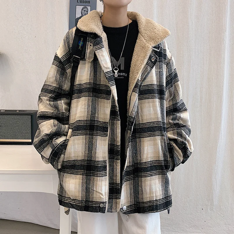 Men Plaid Parkas Fleece Lined Winter Thicken Warm Outerwear Cotton-padded Coats Stand Collar Zipper Jackets Harajuku Clothing