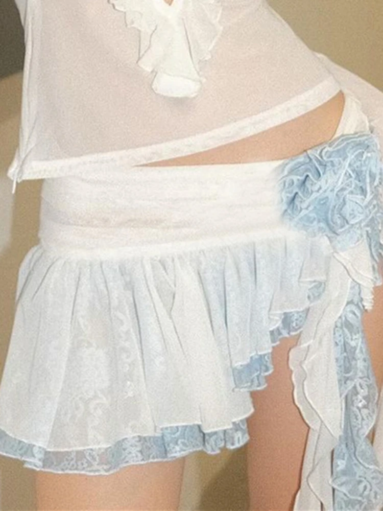 กระโปรงมินิสเกิร์ตลูกไม้ลายดอกไม้สำหรับผู้หญิงกระโปรงจับจีบแบบบางไม่สมมาตรสำหรับผู้หญิงกระโปรงจับจีบ Y2k ไฮสตรีทเซ็กซี่กระโปรงมินิสเกิร์ต