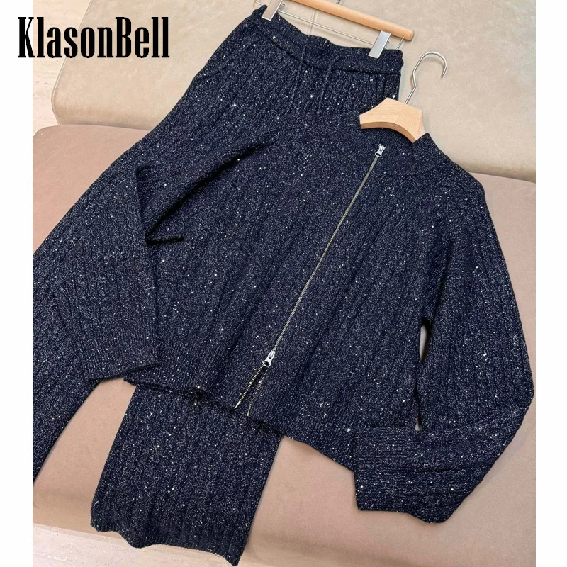 11.20 KlasonBell Fashion Bling Sequins Bright silk Cashmere Knit Set Stand Collar Zipper Cardigan + Elastic Waist Pants Women