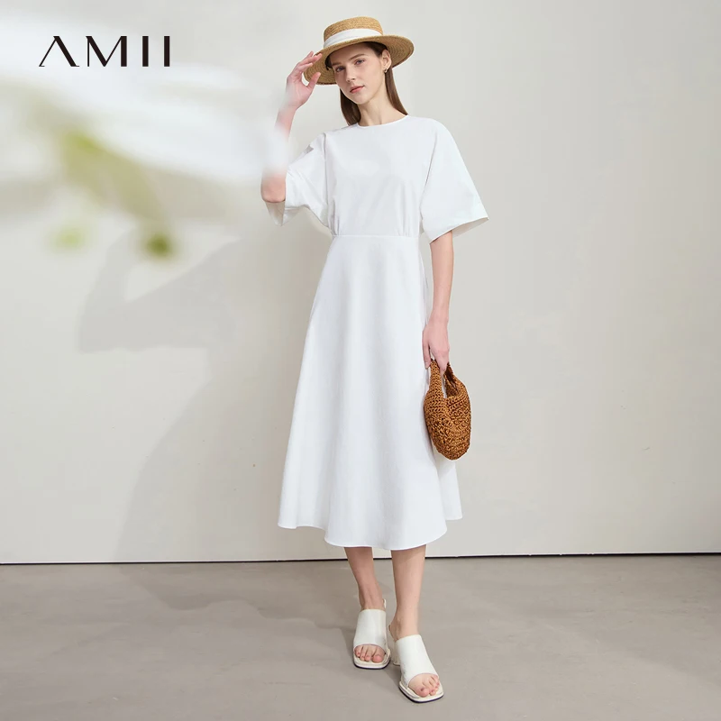 

AMII Office Lady Summer Dress Women 2025 New Round Neck Short Sleeve Strap Backless Solid A-line Dresses Female Fashion 12542151