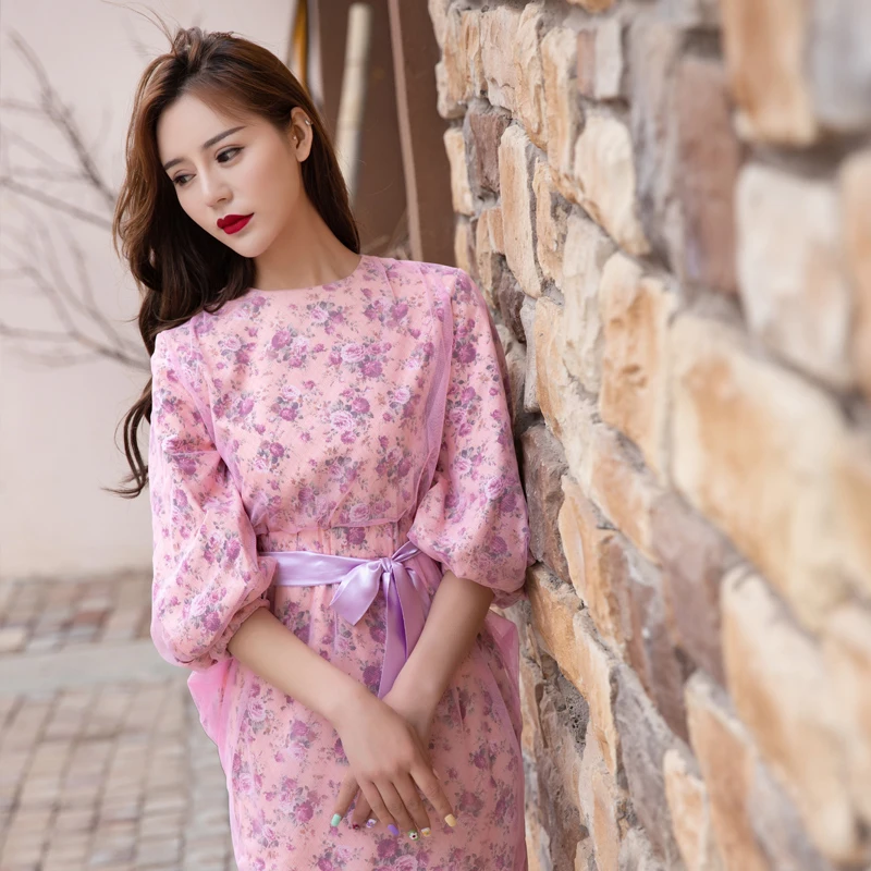 

Spring Summer Retro Elegant Hip Wrapped Gauze Mesh Floral Flower Puff Sleeve High Waist Le Palais Elegant O Neck Vintage Dress