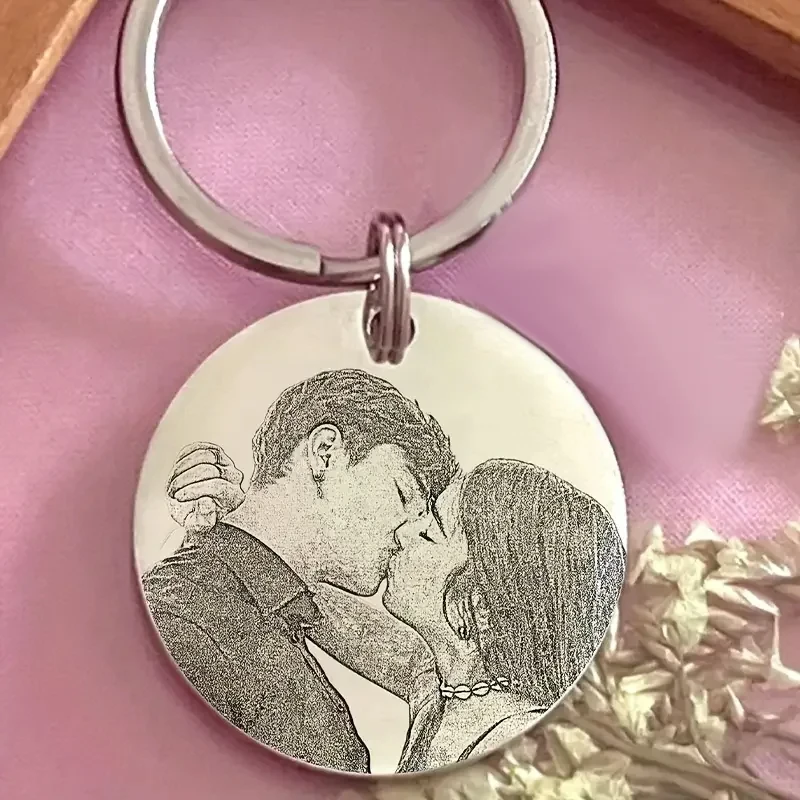 Custom Photo Name Stainless Steel Keychain Personalized Laser Engraved Keepsake Gift Men Women Perfect Couple Parent Family Gift
