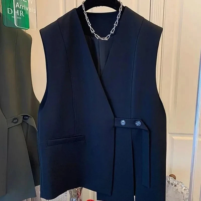 

Spring Autumn 2025New V-Neck Suit Vest Women Sleevele Loose Korean Split Blazer Waistcoat Slim Coat Female Casual Outerwear Tops