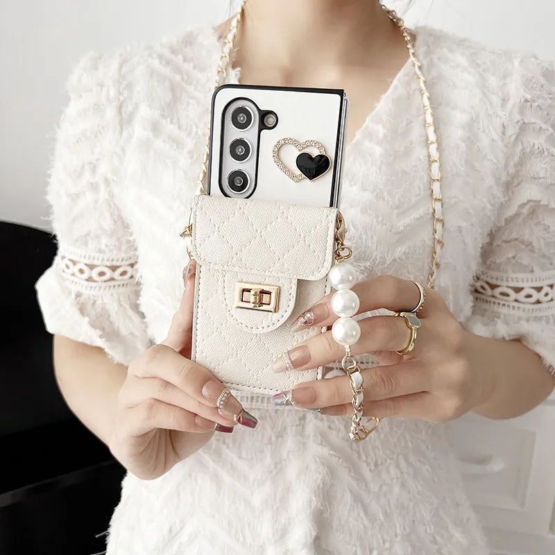 

Модный милый кошелек из овечьей кожи с сердечком, сумка для карт, кожаный чехол через плечо с длинной цепочкой для Samsung Galaxy Z Fold 6, 5 4 3 2 5G