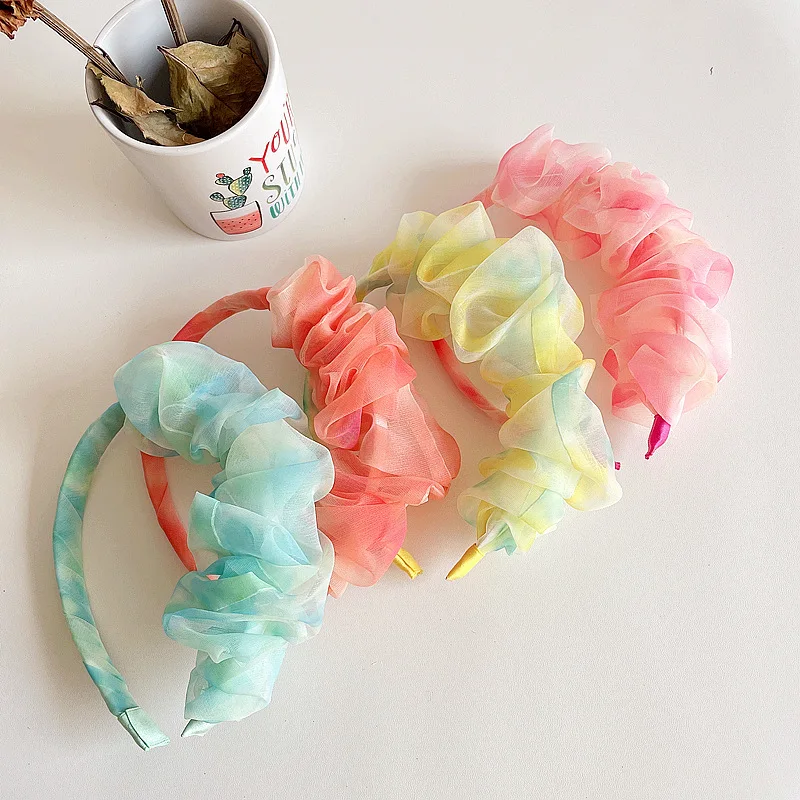 

12pcs Fashion Gradient Tie-Dyed Organza Hairbands Solid Hard Headbands Princess Headwear Party Hair Accessories for Girls