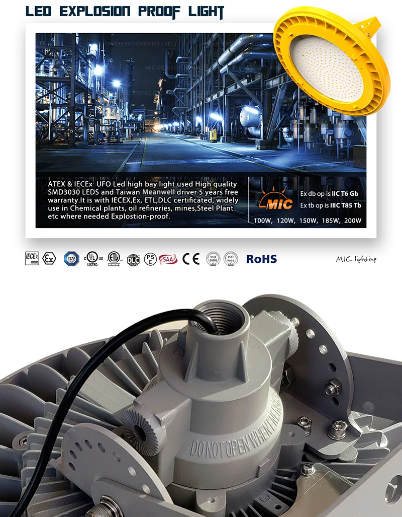 ATEX IECEX مدرج 100 واط LED مقاوم للانفجار عالي الإضاءة IP66 الإضاءة الصناعية لجسم مصباح الألومنيوم للمناطق الخطرة