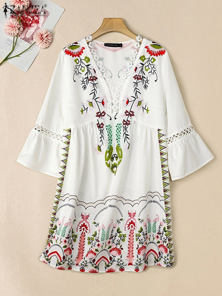 ZANZEA ผู้หญิงโบฮีเมียนถักโครเชต์วันหยุดชุด V คอ Flare Sleeve Party Vestidos 2024 ฤดูใบไม้ร่วงพิมพ์ Sundres