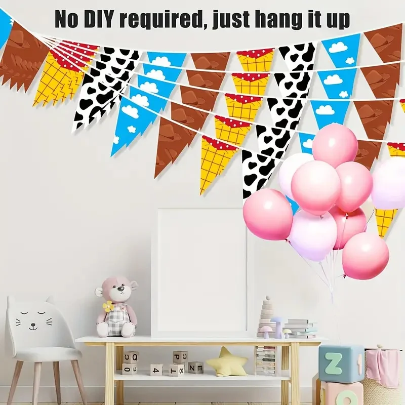 Guirnalda de Decoración para Fiesta Infantil con Diseño de Dibujos Animados, Banderín Triangular con Estampado de Vaca y Nubes, Serpentinas para Fiestas de Bebés y Niños