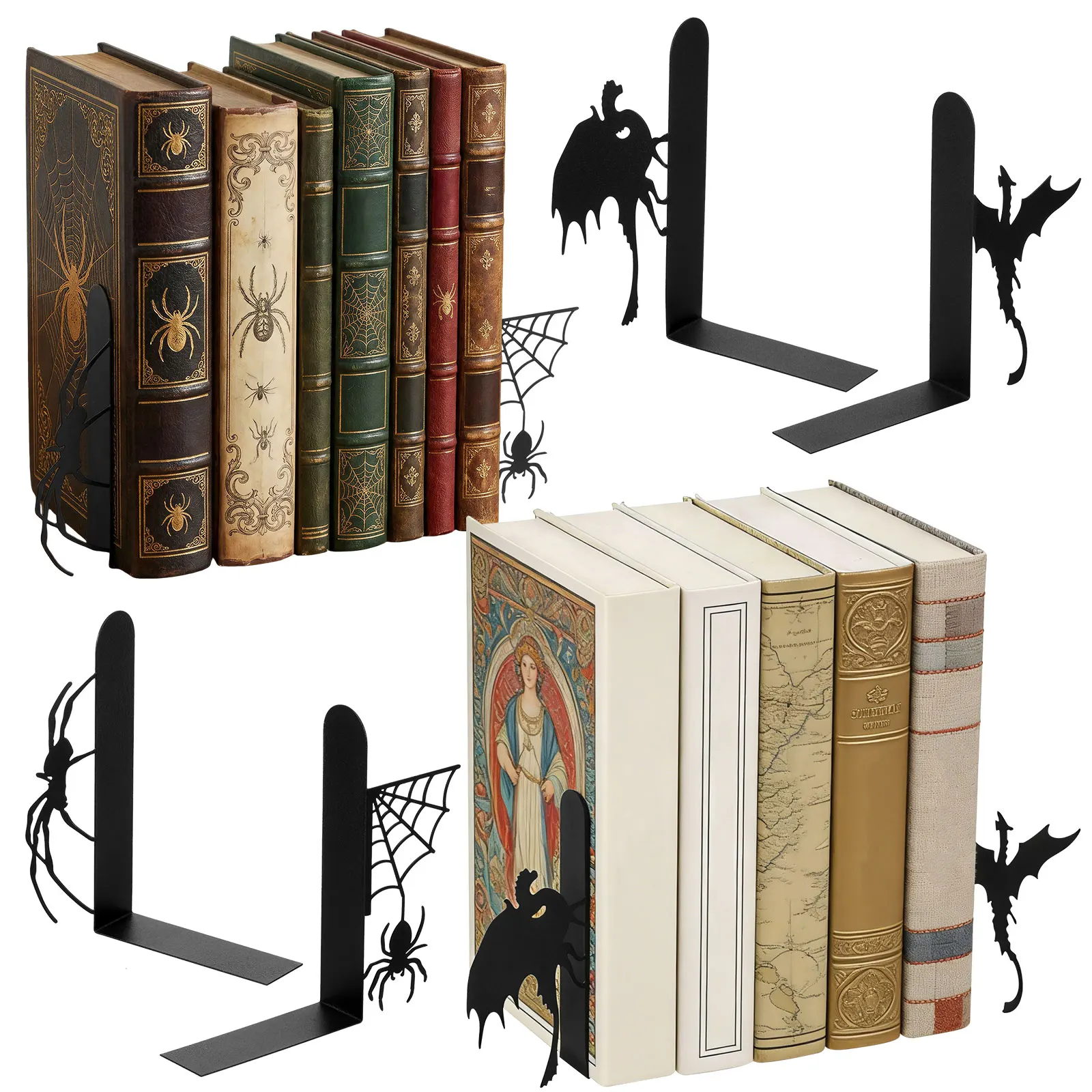 

2 пары декоративных металлических подставок для книг, уникальные L-образные настольные держатели для книг, декор для книжной полки, в форме паука и дракона, настольные ограничители для книг