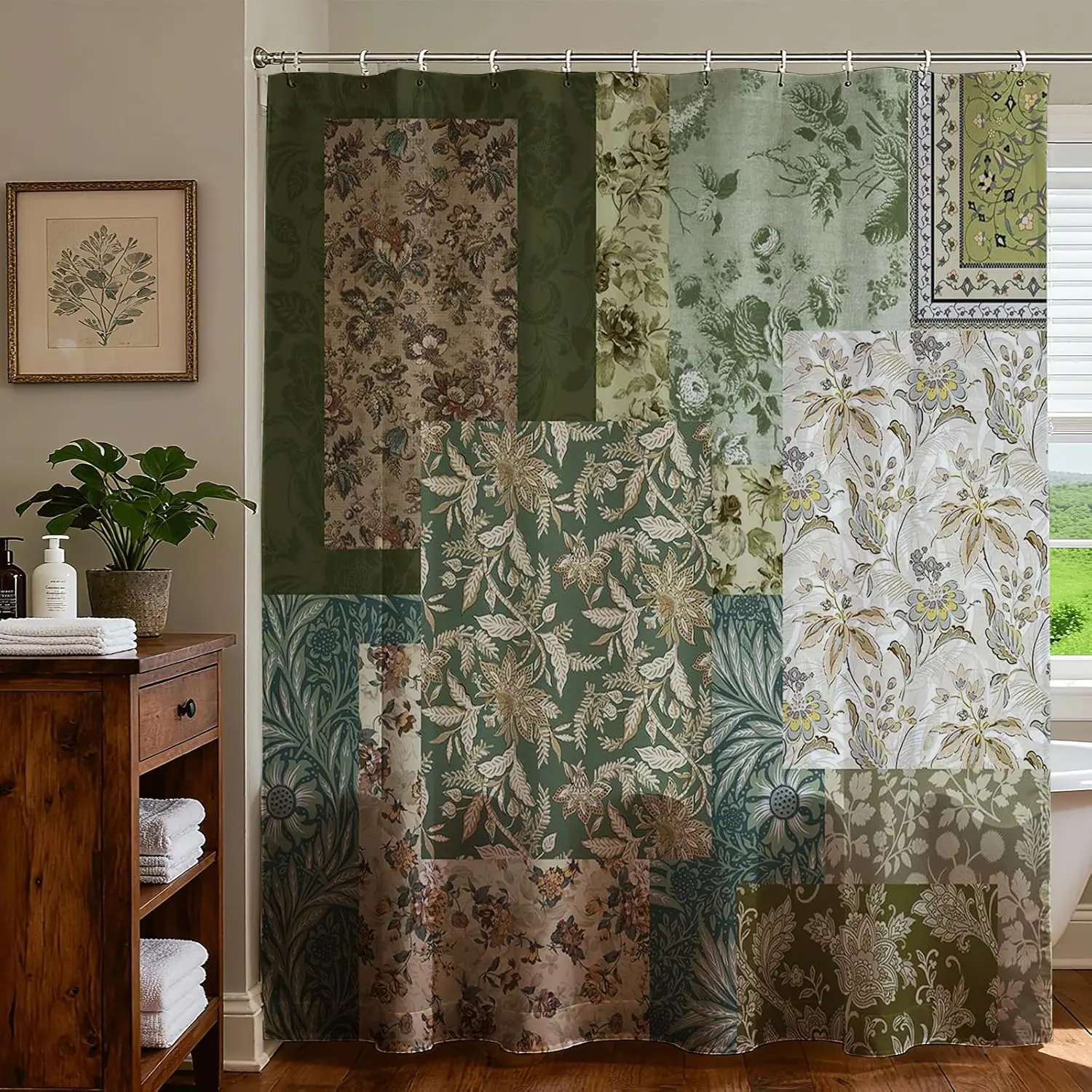 

Винтажная занавеска для душа в стиле бохо, зеленая занавеска для душа с цветочным принтом в стиле ретро для декора ванной комнаты в стиле бохо, водонепроницаемая ткань, фермерский дом середины века