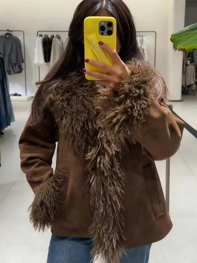 

Vintage Faux Fur Jackets For Women Casual Plush Lapel Open Coats Female Autumn Winter Trendy Elegant Warm High Street Outwear