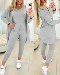 Elegant Fall Outfits Women 2024 Suit Fashion Versatile Casual Round Neck Tank Top & Drawstring Pants Set with Coat Three-piece