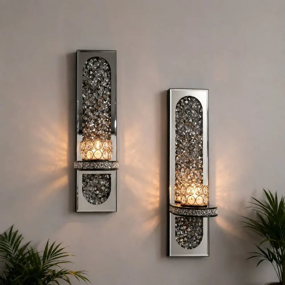 Crystal Mirror Wall Candle Holder Set, Gold Silver Wall Sconce Decor For Living Room No Power Source, No Candles. No Power Sour