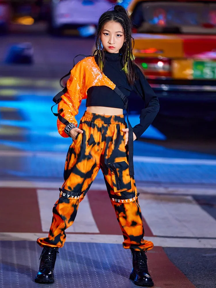 Orange Sequins Sleeved Loose Pants Streetwear Jazz Performance Costumes Clothes Children Hip Hop Dance Costumes